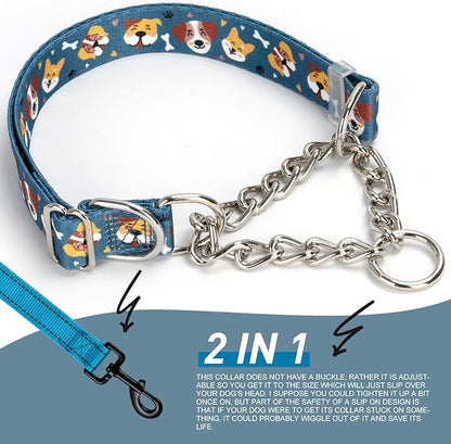 Martingale Collar with Chain, Cute Dog Design Pattern Choke Collar for Medium & Large Dogs (XL)