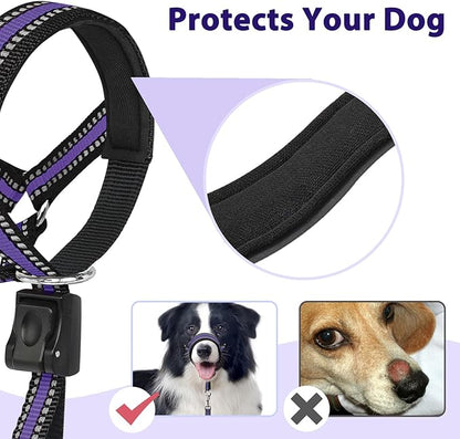 BARKLESS Soft Dog Head Collar, Patented Padded No Pull Head Halter, Training Nose Leash with Safety Link for Medium Large Dogs, Adjustable Muzzle Leash, Easy Control for Walking (L, Purple)