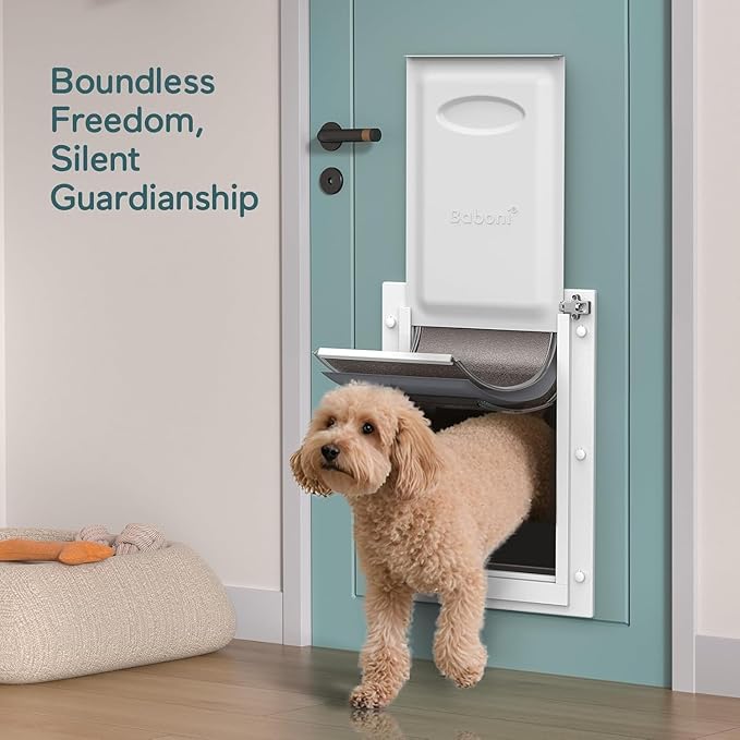 Baboni 3-Flaps Pet Door for Interior and Exterior Doors, Durable Plastic Frame and Telescoping Tunnel, Aluminum Lock/Metal Panel, Strong Magnetic Flaps, Never Rust Dog Door (Pets Up to 40 Lb) -Medium