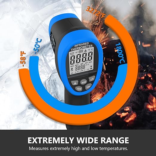 HOLDPEAK Pyrometer D:S=50:1, High Temp Infrared Thermometer -58℉~3272℉(-50℃~1800℃), Non-Contact Industrial Laser Thermometer Gun with Flashlight, Digital IR Temperature Gauge HP-1800 (NOT for Human)