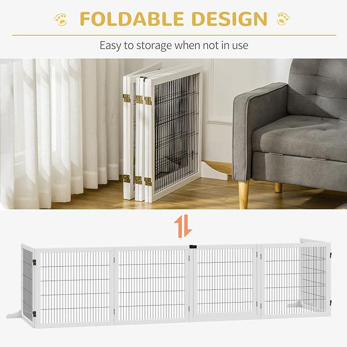 Wooden Dog Gate, 170" Freestanding Pet Gate, 6-Panel Foldable Dog Safety Barrier with 2 Support Feet for House Doorway Stairs, Small and Medium Dogs, White