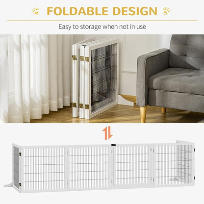 Wooden Dog Gate, 170" Freestanding Pet Gate, 6-Panel Foldable Dog Safety Barrier with 2 Support Feet for House Doorway Stairs, Small and Medium Dogs, White