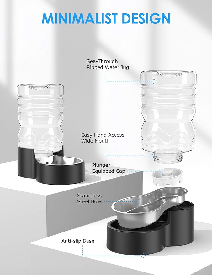 Heouvo 1.7 Gallon Automatic Dog Water Dispenser【Wide Mouth for Easy Hand-in Cleaning】【Removable Stainless Steel Bowl】, Gravity Refilling Large Capacity for Cats and Dogs, Multi-Pet Homes