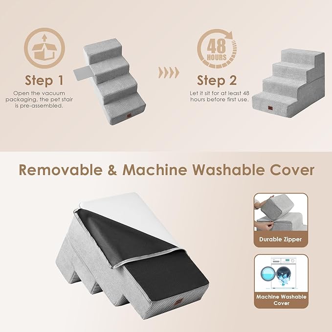 EHEYCIGA Dog Stairs for Bed 20" H, 4-Step Extra Wide Dog Steps for High Bed, Pet Steps for Small Dogs and Cats, Non-Slip Balanced Pet Ramp Indoor, Light Grey