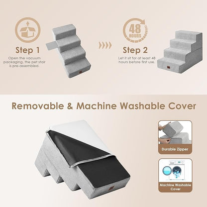 EHEYCIGA Dog Stairs for Bed 20" H, 4-Step Extra Wide Dog Steps for High Bed, Pet Steps for Small Dogs and Cats, Non-Slip Balanced Pet Ramp Indoor, Light Grey