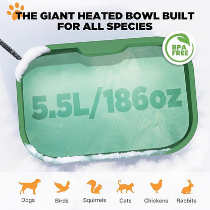 IPOW Pet Heated Water Bowl - 5.5L Extra-Large Rectangular Outdoor Durable Outdoor Dog Bowl with Anti-Chew Cord, Keep Water Warm at 77-95℉ for Cats & Dogs, BPA-Free, Spill-Proof, Green