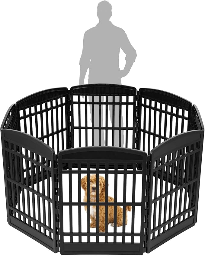 IRIS USA Dog Playpen 34" Tall Dog Playpen Indoor – 8-Panel Puppy Playpen, 63 x 63 x 35, Extra Tall Dog Play Pen Indoors for Large Dogs, Plastic Pet Playpen, Indoor Dog Pen, Black