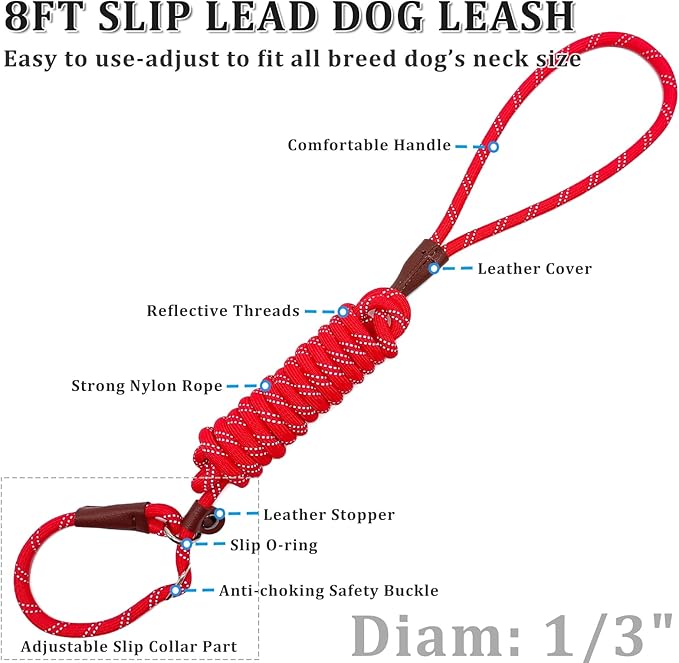 WYUZE 8ft Slip Lead Dog Leash, Reflective No Pull Dog Training Lead, 1/3" Nylon Rope Slip Control Leash for Small Medium Dogs, Red