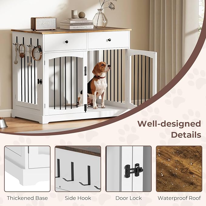Dog Crate Furniture, Wooden Dog Kennel Furniture, Heavy-Duty 40" Dog Crate End Table with Storage Drawers, Double Doors Decorative Pet Cage House Indoor for Small Medium Dog, White