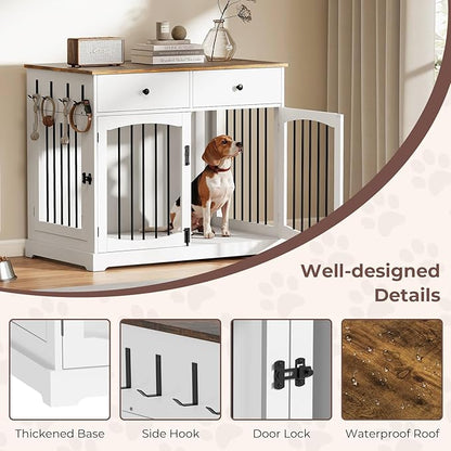 Dog Crate Furniture, Wooden Dog Kennel Furniture, Heavy-Duty 40" Dog Crate End Table with Storage Drawers, Double Doors Decorative Pet Cage House Indoor for Small Medium Dog, White