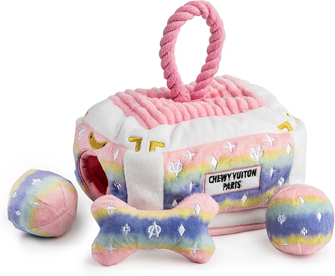 Haute Diggity Dog Chewy Vuiton Trunk Puzzle with 3 Plush Squeaky Dog Toys, Soft Durable Designer-Inspired Stuffed Puppy Chew Toys for Small & Medium Dogs, Machine-Washable (Pink Ombre) One Size