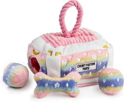 Haute Diggity Dog Chewy Vuiton Trunk Puzzle with 3 Plush Squeaky Dog Toys, Soft Durable Designer-Inspired Stuffed Puppy Chew Toys for Small & Medium Dogs, Machine-Washable (Pink Ombre) One Size