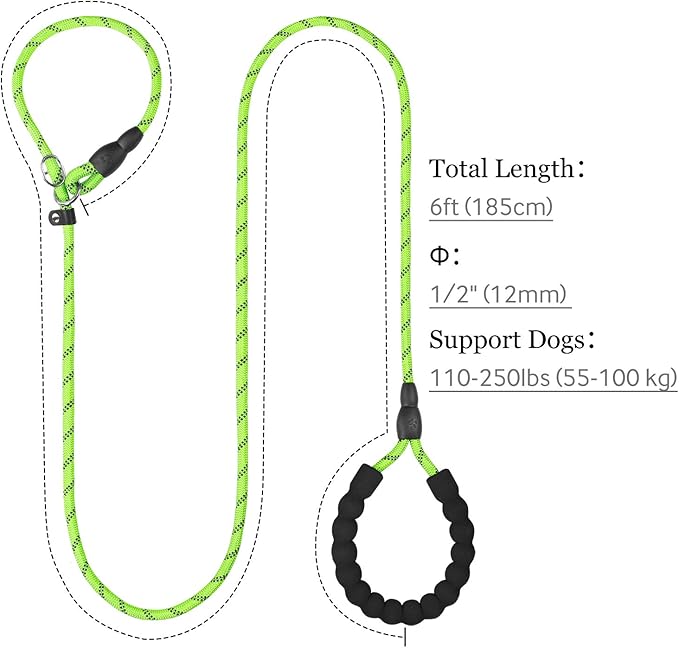 TagME 6ft Slip Dog Lead, No Pull Reflective Training Leash with Padded Handle, Professional Rope P-Leash for Small Medium Large Dogs, Heavy Duty Correction Lead for Walking & Training (Green)