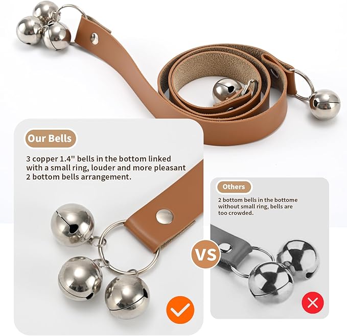 Luckyiren Brown Leather Hanging Door Bells for Dogs to Ring to Go Potty Training Doorbells Tools to Go Outside Dog Accessories Upgraded Puppy Essentials for Home (Silver Jingle Bells)