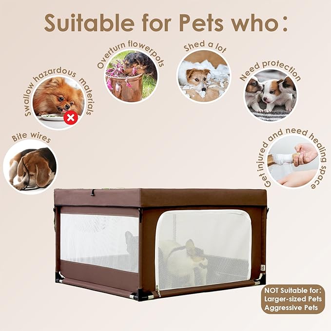 EHEYCIGA 42x42x26 Inches Puppy Playpen with Top Cover for Dogs & Cats Indoor or Outdoor - Dog Playpen with Door, Dog Fence for Small Animal with Heavy-Duty Oxford & Steel Frame, Brown