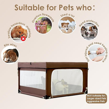 EHEYCIGA 42x42x26 Inches Puppy Playpen with Top Cover for Dogs & Cats Indoor or Outdoor - Dog Playpen with Door, Dog Fence for Small Animal with Heavy-Duty Oxford & Steel Frame, Brown