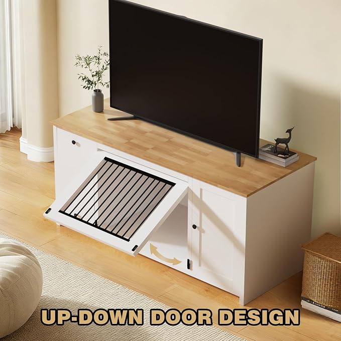 55 ” Wooden Dog Crate Furniture for Medium Dogs, End Table Sideboard Heavy Duty Dog House TV Stand with Pull-Out Feeding Station, Storage Cabinets and Drawer, Decorative Indoor White