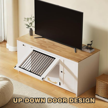 55 ” Wooden Dog Crate Furniture for Medium Dogs, End Table Sideboard Heavy Duty Dog House TV Stand with Pull-Out Feeding Station, Storage Cabinets and Drawer, Decorative Indoor White