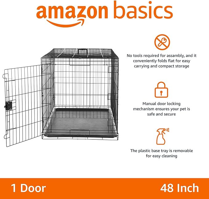 Amazon Basics Portable, Foldable Metal Wire Dog Crate with Removable Tray, Divider Panel, Easy to Assemble, for Large Dogs, 48 x 30 x 32.5 in, Black