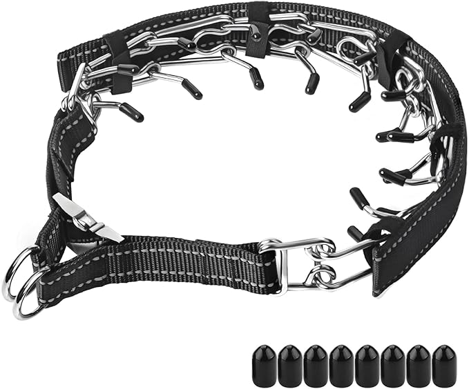 Prong Collar for Large Dogs with Reflective Nylon Cover, Dog Pinch Collar,Dog Training Collar,High Strength Quick Release Metal Buckle,Comfort Rubber Tips (Black，4.0mm, 23.6-Inch)
