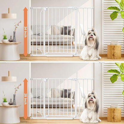 34" Extra Tall Baby Gate for Stairs, Auto Close Stroller Friendly Dog Gate Indoor for Doorways, Pressure Mounted 29"-45" Wide Baby Gate, Easy Walk Through Gate for Children & Pets, White