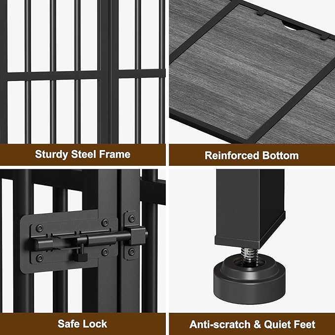 Easycom 43" Dog Crate Furniture Foldable, No Assembly Decorative Dog Kennel Indoor, XL Dog Crates for Large Dogs (60-80 lbs), Wooden Dog Cage with Adjustable Bowls and Name Tag, Dark Grey