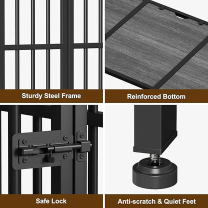 Easycom 43" Dog Crate Furniture Foldable, No Assembly Decorative Dog Kennel Indoor, XL Dog Crates for Large Dogs (60-80 lbs), Wooden Dog Cage with Adjustable Bowls and Name Tag, Dark Grey