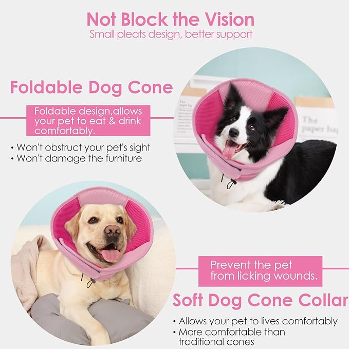 AOFITEE Large Dog Cone - Soft Dog Cone Stop Licking, Adjustable Extra Large Cones Dogs for Wound Healing, Pet Elizabethan Cones Collar After Surgery, XL Fabric Pet E-Collar, Pink X-Large