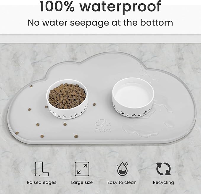 Ptlom Dog Food Mat Anti-Slip Dog Bowl Mats for Food and Water, Waterproof Pet Placemat Prevent Messy Spills to Floor, High-Lips Puppy Feeding Trays for Small Medium Large Dogs Cats, Silicone