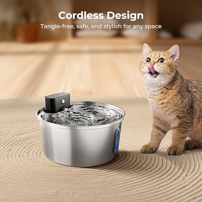 Wireless Stainless Steel Pet Water Fountain, 3.2L/108oz Automatic Cordless Water Dispenser with 3 Smart Modes, Ultra Quiet Pump, Rechargeable Battery, Multi-Filtration for Cats & Dogs
