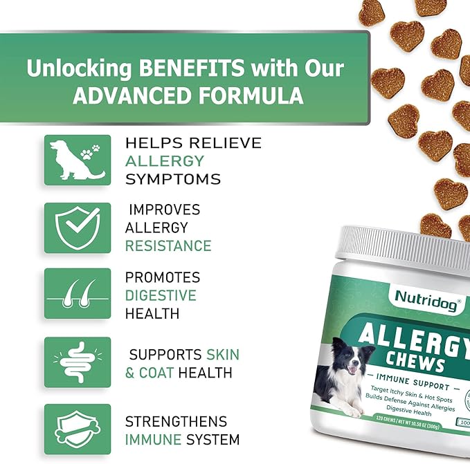 Dog Allergy Chews 120 Count - Salmon Flavor Allergy & Itch Relief with Quercetin, 300M Probiotics | Immune Support for Itchy Skin, Hot Spots & Seasonal Allergies