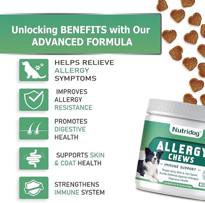 Dog Allergy Chews 120 Count - Salmon Flavor Allergy & Itch Relief with Quercetin, 300M Probiotics | Immune Support for Itchy Skin, Hot Spots & Seasonal Allergies
