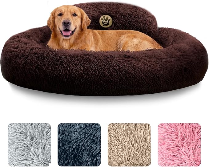 PetJett Dog Beds Large Sized Dog - 36'' Calming Round Bed, Anti-Slip & Washable Super Soft Donut Bed, Fluffy Faux Fur Anti-Anxiety Premium Comfort Pet Bed, Fits Dogs up to 80 lbs - Brown