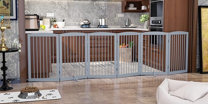 PUPETPO Freestanding Pet Gate for Dogs, Indoor Wooden Foldable Dog Gate for House, Extra Wide, Pet Fence for Stairs, Doorways, Halls, Support Feet Included, 120 Inch Wide, 6 Panels 32",Grey