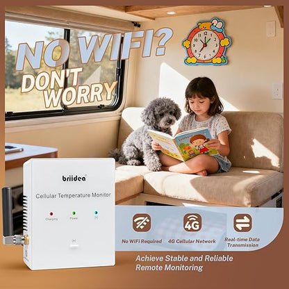 RV Pet Temperature Monitor, Briidea 4G Cellular & Temperature Humidity Sensor, No WiFi Required, 24/7 Remote Monitoring Alerts with App, for Cabin and Warehouse (1 Year Subscription Included)