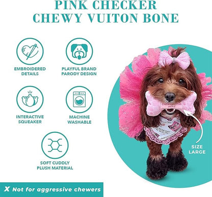 Haute Diggity Dog Chewy Vuiton Bone Plush Squeaky Dog Toy, Soft Durable Designer-Inspired Stuffed Puppy Chew Toys for Small & Medium Dogs, Machine-Washable (Pink Checker) Small