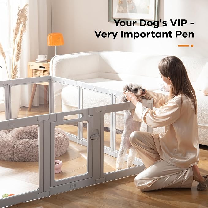 Clear Acrylic Dog Playpen Indoor, Puppy Cat Small Pet Play Pen, Pet Cat Playpen for Rabbits, Dog Fence Crate Kennel Whelping Cage (Grey, 10 Panel)