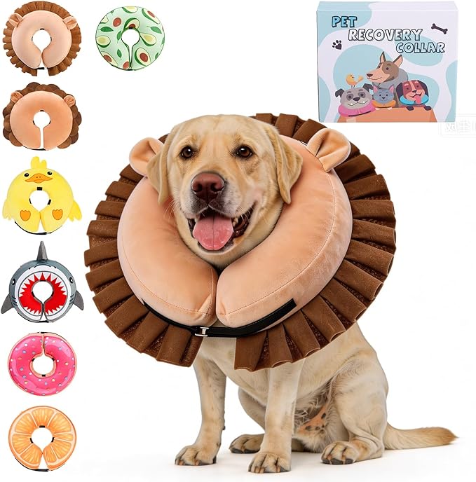 KOOLTAIL Inflatable Dog Cone Collar, Soft Donut E Collar for Dogs After Surgery to Stop Licking Enhanced Alternative, Blow Up Pet Neck Pillow Recovery Adjustable Cone for Dog Cat, Lion L