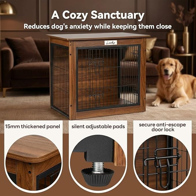 Walnut Dog Crate Furniture with Reversible Side Door, 28inch Wooden Indoor Dog Kennel for Small Medium Dogs, End Table Dog Crate with Double Locks & Steel Mesh, Furniture Style Dog Cage