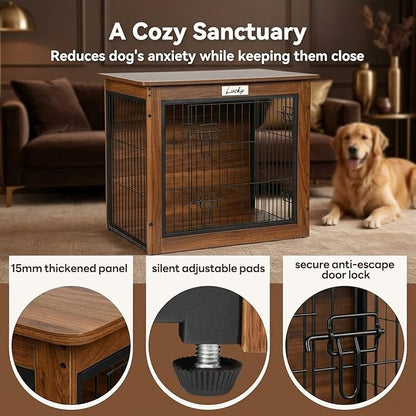 Walnut Dog Crate Furniture with Reversible Side Door, 28inch Wooden Indoor Dog Kennel for Small Medium Dogs, End Table Dog Crate with Double Locks & Steel Mesh, Furniture Style Dog Cage