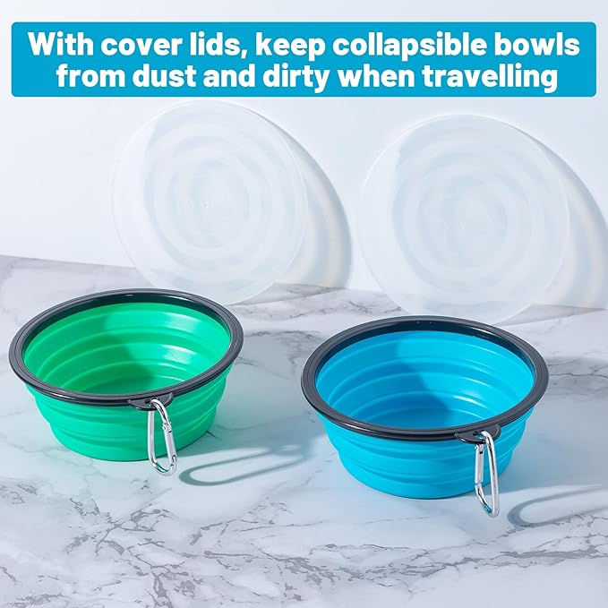 SLSON Dog Bowls Pet Collapsible Bowl with Cover Lids,2 Pack Dog Travel Bowls Portable Foldable Cat Water Dish Bowl for Pets Walking Parking Camping (Light Blue and Green, Medium)