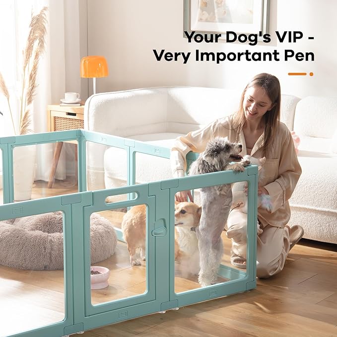Clear Acrylic Dog Playpen Indoor, Puppy Cat Small Pet Play Pen, Pet Cat Playpen for Rabbits, Dog Fence Crate Kennel Whelping Cage (Green, 10 Panel)