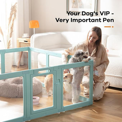 Clear Acrylic Dog Playpen Indoor, Puppy Cat Small Pet Play Pen, Pet Cat Playpen for Rabbits, Dog Fence Crate Kennel Whelping Cage (Green, 10 Panel)