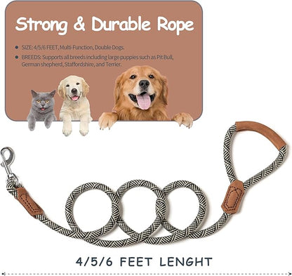 Mile High Life | Premium Leather Handle Dog Leash | Strong Rope Leash | Zinc Alloy Strong Clasp | Small Medium Large Dogs | 4/5/6 Feet(White, 60 Inch (Pack of 1))