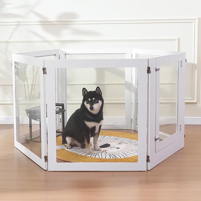 Heavy Duty Clear Acrylic Dog Playpen, 32" Height Transparent Pet Pen, Metal Frame Easy Assemble Kennel Enclosure, Ideal for Small to Medium Dogs, Cats, and Other Small Pets (White, 6 Panels with door)