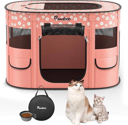 Dog Playpen, Portable Pet Cat PlayPen, 600D Oxford Dog Kennel Tent Crate, Waterproof&Breathable, Indoor Outdoor Travel Camping for Medium/Large Breed with Carrying Case+Bowl(M), Light Pink Flowers