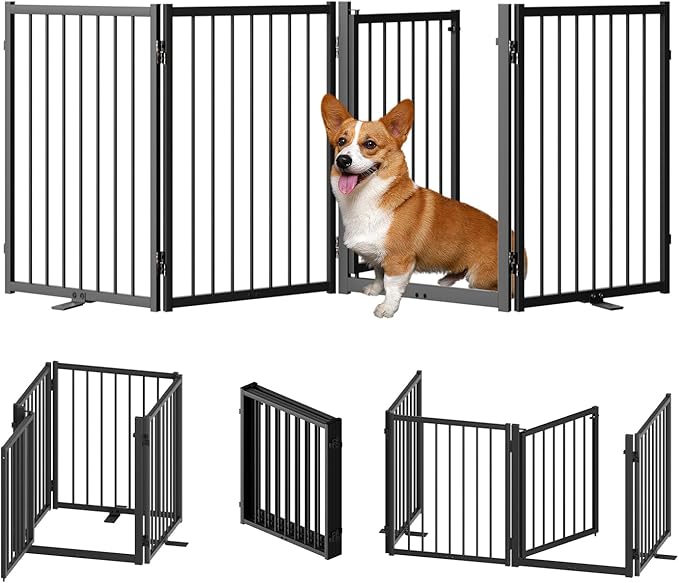 SNUOWU Full Metal Freestanding Dog Gate with Door, 24'' Height Foldable Pet Dog Fence for Indoor & Outdoor, 4 Panels Extra Wide Free Standing SmallDog Gates for Doorways,House,Stairs,Porch,Deck,Yard