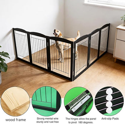 ZJSF Freestanding Foldable Dog Gate for House Extra Wide Wooden Black Indoor Puppy Gate Stairs Dog Gates Doorways Tall Pet Gate 6 Panels Fence