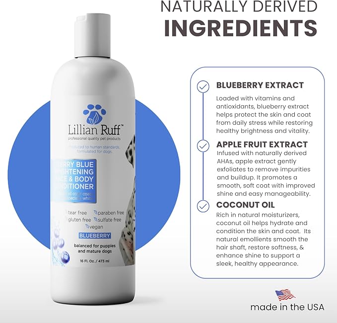 Lillian Ruff PRO Formula Berry Blue Brilliance Bundle - Ultimate Tear Stain & Odor Eliminator Set, Includes Berry Blue Shampoo, Conditioner & Waterless Shampoo, Hydrate, Soften & Detangle, USA Made