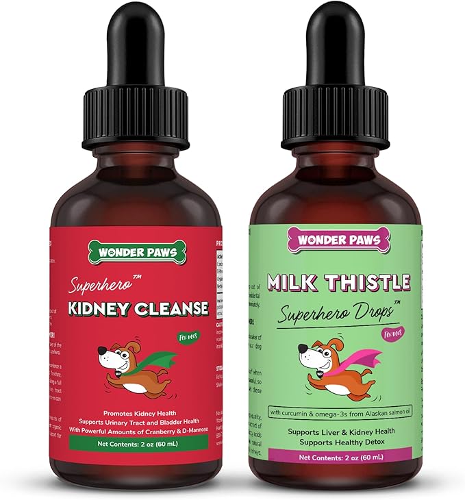 WONDER PAWS Kidney Cleanse Drops Plus Milk Thistle Drops - for Dog Urinary Tract, Kidney, Liver Health & Overall Wellness – Kidney Cleanse 2 Ounces - Milk Thistle 2 Ounces